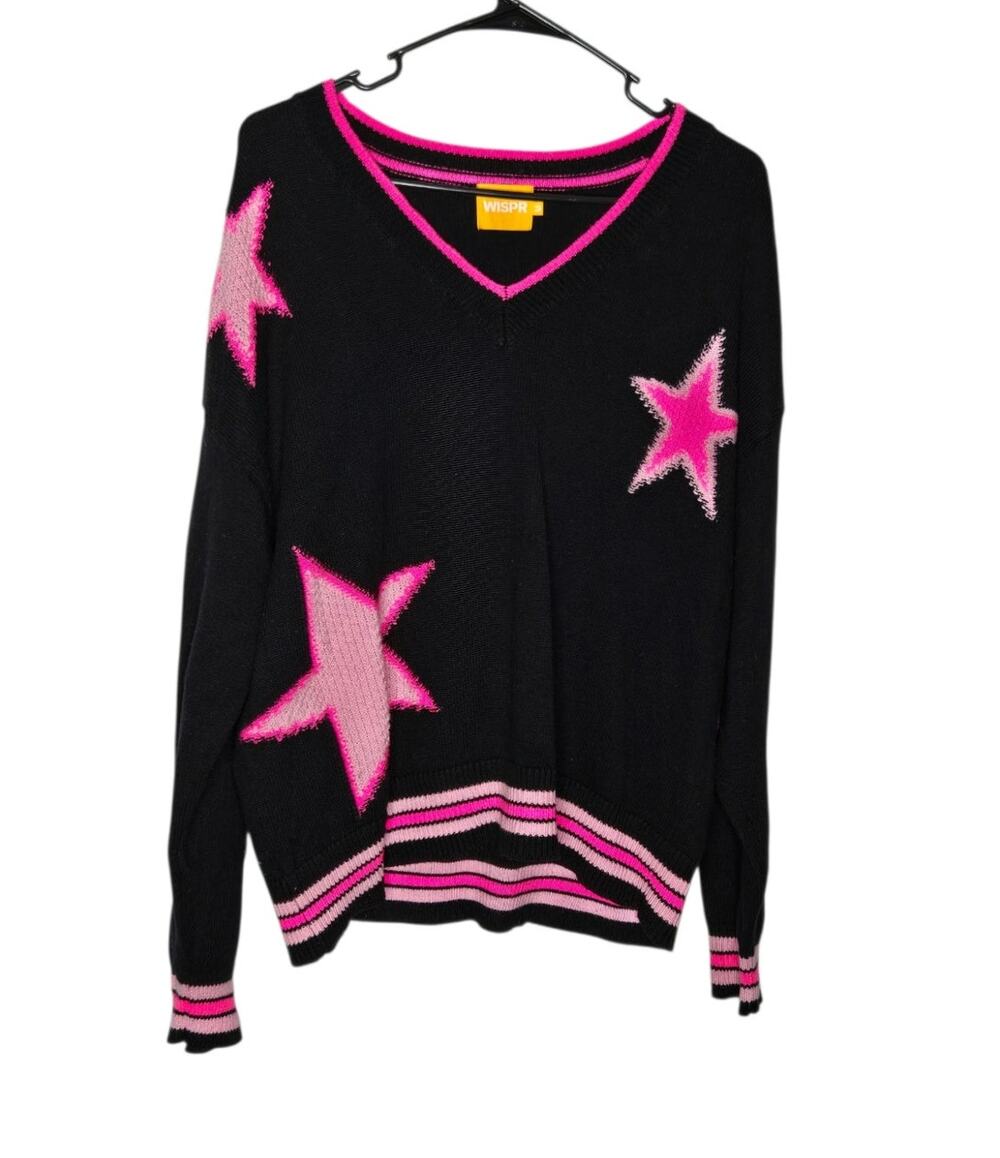 WISPR Black & Pink Star Pullover V-neck Sweater Women's Medium